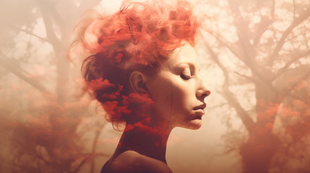 Fantasy portrait of a beautiful woman with red hair and eyes closedの素材