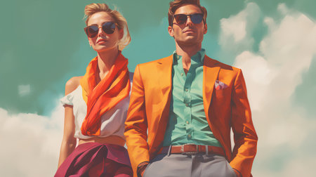 Fashionable young couple in sunglasses on the background of the sky.の素材