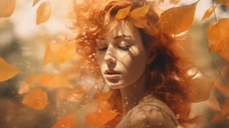 Beautiful redhead girl with autumn leaves in her hair. Beauty, fashion.の素材