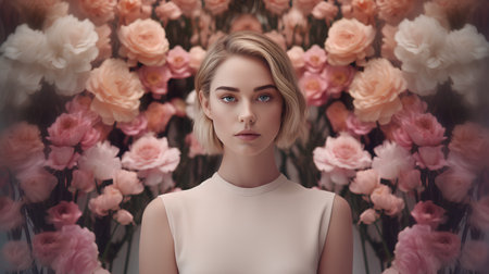 Portrait of a beautiful young blonde woman with flowers in her hairの素材