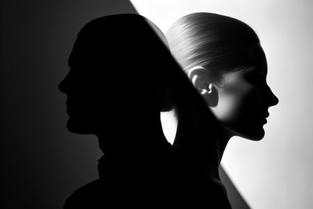 Silhouette of a beautiful young woman with shadow on her faceの素材