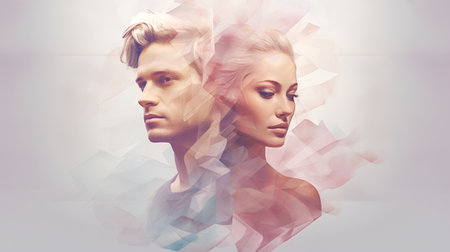 Double exposure portrait of a man and woman combined with abstract geometric shapesの素材