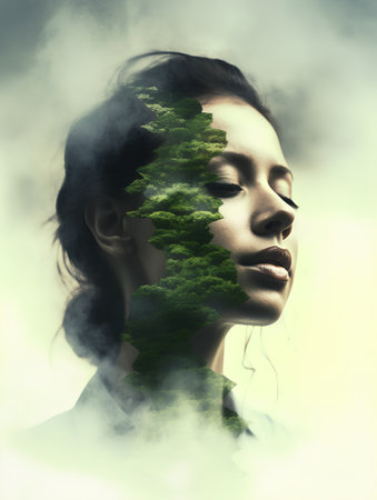 Young woman with green tree in her hair. Conceptual image.の素材