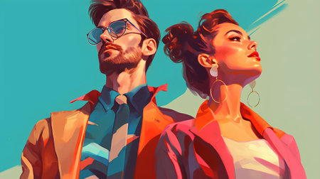 Fashion portrait of a man and a woman on a colorful background.の素材