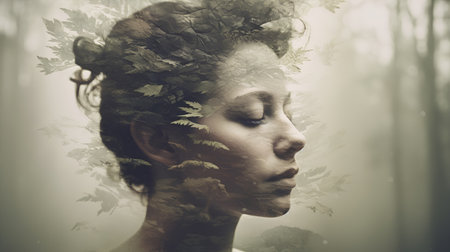 Double exposure portrait of a beautiful woman with ferns in her hairの素材