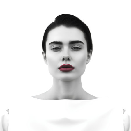 Black and white portrait of beautiful young woman with red lips on white backgroundの素材