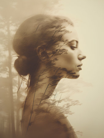 Portrait of beautiful young woman with hair blowing in the wind.の素材