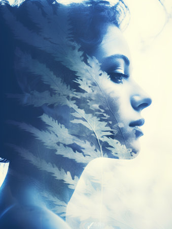 Fashion portrait of young beautiful woman with fern leaves. Beauty, fashion.の素材