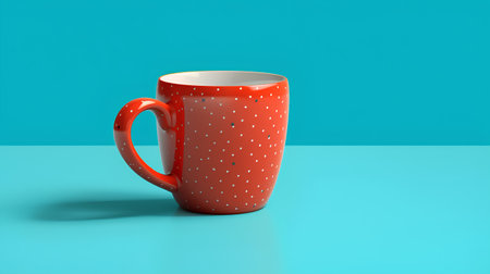 Red mug with polka dots on blue background. 3d renderingの素材