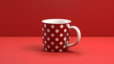 Red polka dot mug on red background. 3D illustration.の素材
