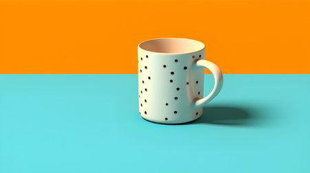 White polka dot mug on blue and orange background. 3d renderingの素材