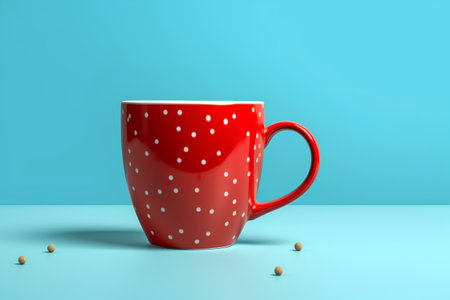 Red polka dot coffee cup on blue background. 3d renderingの素材