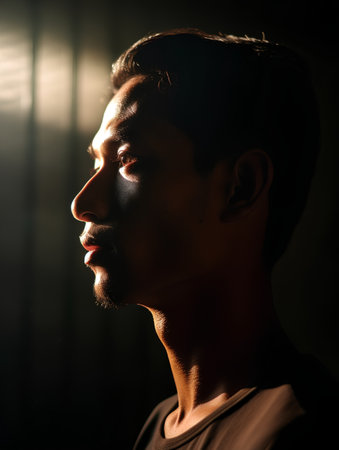 Portrait of a handsome young man on a dark background. Men's beauty, fashion.の素材
