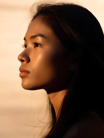 Beautiful young asian woman with long hair on sunset background.の素材