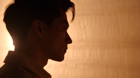 Silhouette of a young man in a white shirt looking awayの素材