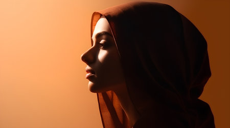 profile of beautiful muslim woman wearing hijab on orange background with shadowの素材