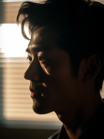 Silhouette of a handsome young asian man with dark hairの素材