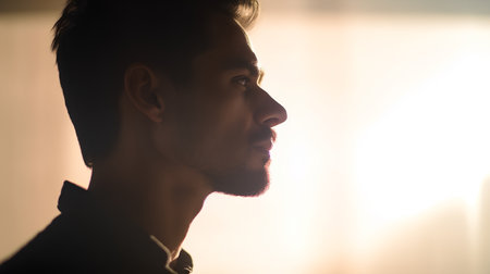 Silhouette of a young man with a beard on a light backgroundの素材