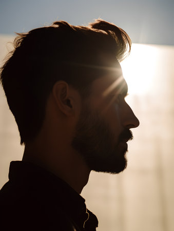 Silhouette of a man with a beard on a sunset backgroundの素材