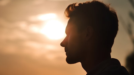 Portrait of a young man in profile against the sunset background.の素材