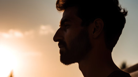 Portrait of a young man with a beard on a sunset backgroundの素材