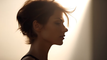 Portrait of a beautiful young woman in the rays of the sunの素材