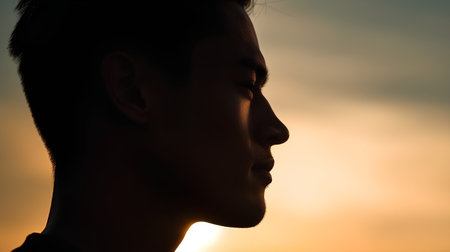 Silhouette of a young man on sunset background, profile viewの素材