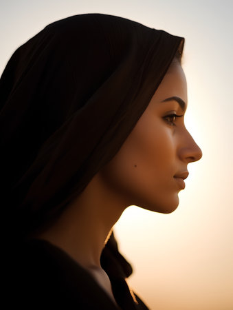 Portrait of a beautiful woman in a black hijab on the background of the setting sunの素材