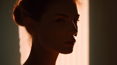 Portrait of a beautiful young woman with shadow on her face.の素材
