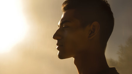 profile of a young man in the rays of the setting sun.の素材