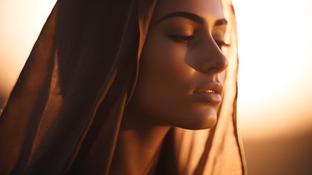 Beautiful girl in a veil. Portrait of a beautiful woman with closed eyes.の素材