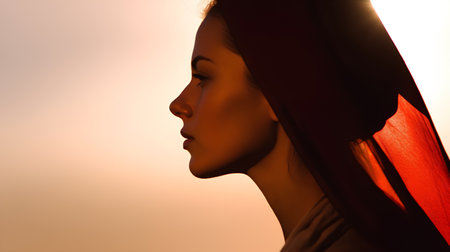 Portrait of a beautiful young woman in the rays of the setting sunの素材