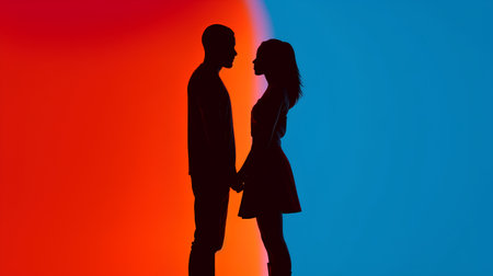Silhouette of a man and woman on a red background.の素材