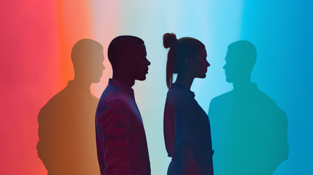 Silhouettes of men and women on multicolored background.の素材