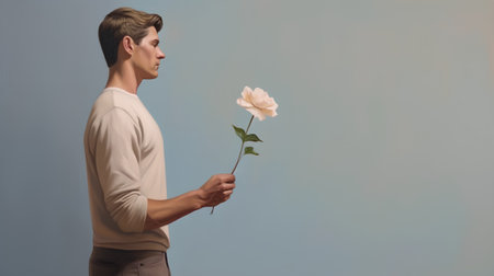 Young handsome man with a rose in his hand on a blue backgroundの素材
