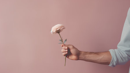 Man's hand holding a flower on a pink background. Close up.の素材