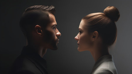 Portrait of young man and woman looking at each other over dark background.の素材