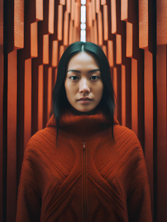 Portrait of a beautiful young Asian woman in a red sweater.の素材