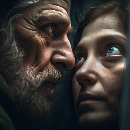 Portrait of a sad senior man and his daughter looking at each other.の素材