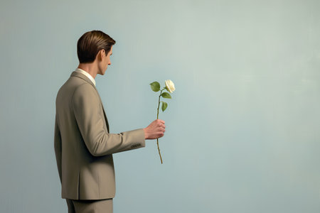 Businessman holding a white rose in front of a blue wall.の素材