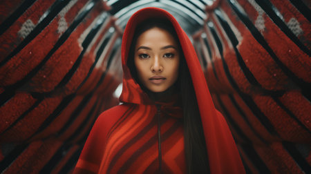 Portrait of a beautiful asian woman in a red coat.の素材