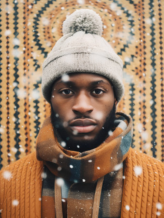 Portrait of handsome african american man in warm knitted hat and scarf.の素材