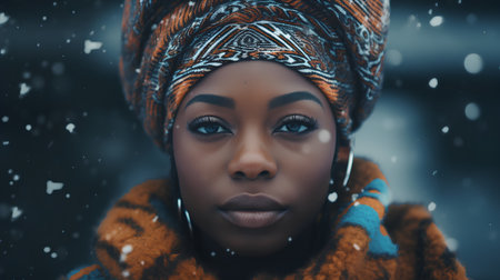 Beautiful african american woman in winter clothes. Snowfall.の素材
