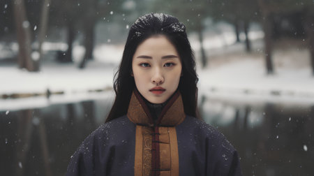 Portrait of a beautiful asian woman in winter park with snowfallの素材