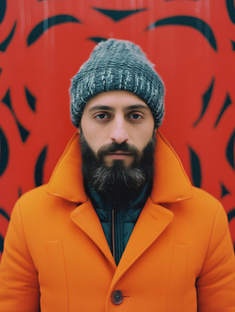 young handsome bearded hipster man with long beard and moustache in orange coat on red backgroundの素材