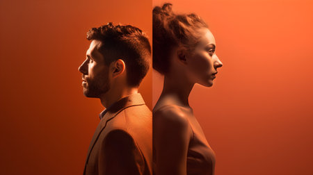 Fashion portrait of a man and a woman on a orange background.の素材