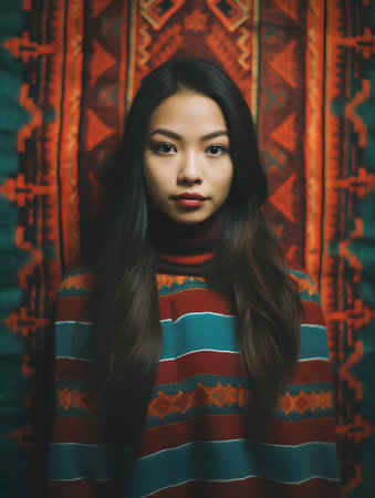 Beautiful asian woman in red sweater on vintage carpet background.の素材