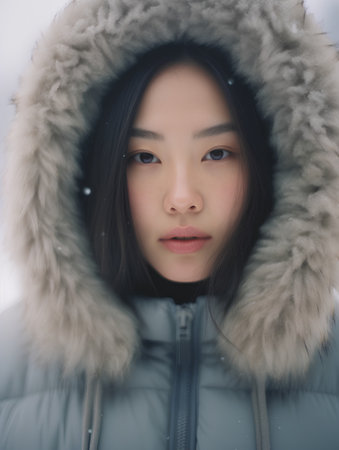 Portrait of beautiful asian woman in winter jacket with fur hoodの素材