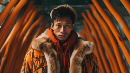 Portrait of a handsome young asian man in orange coat.の素材