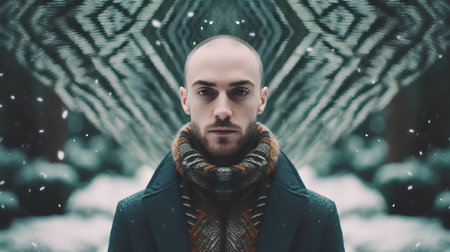 Portrait of a young handsome man in a coat and scarf on the background of the winter forest.の素材